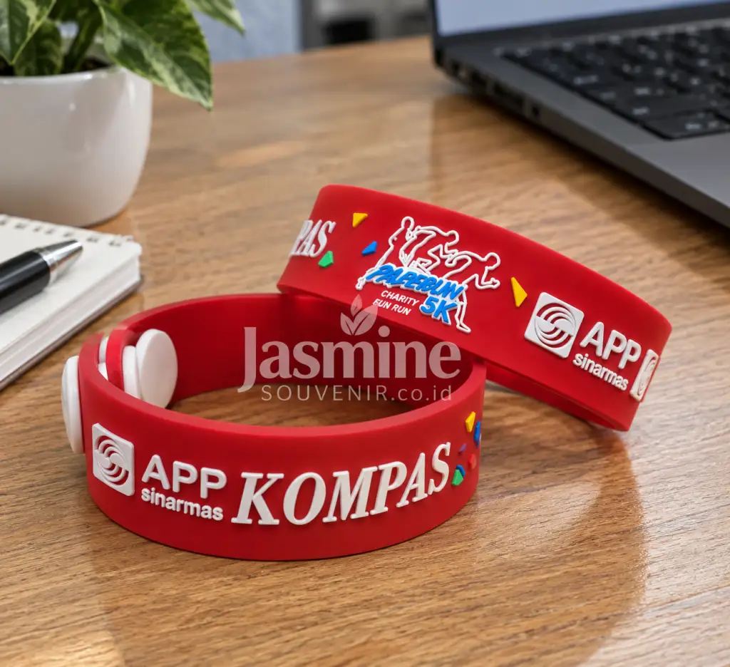 Gelang Karet Fun Run Custom keren & tahan air di Jasmine Souvenir. Min. order 100 pcs, harga terlampir. Buat wristband event via WA 0851-2104-3539 sekarang!